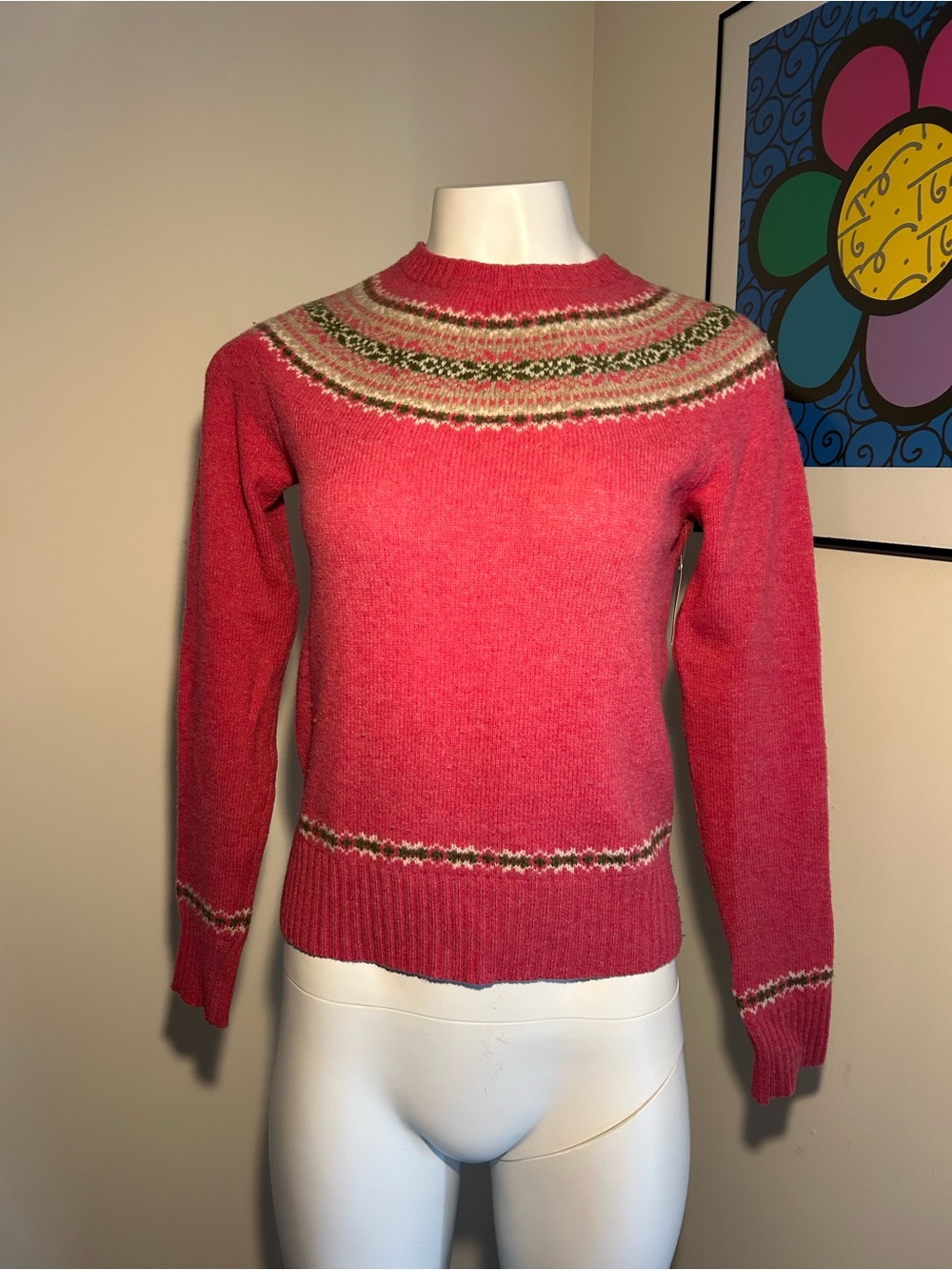 J Crew Women's Pink Wool Fair Isle Yoke Sweater Size S